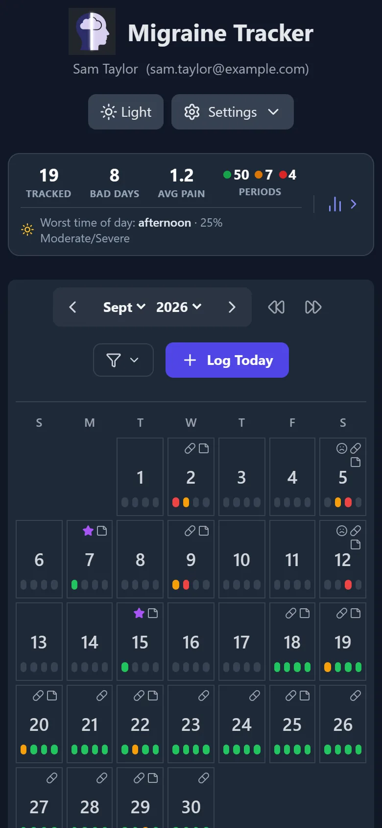 Migraine Tracker on a phone: the month's summary and a calendar of Good, Moderate and Severe periods