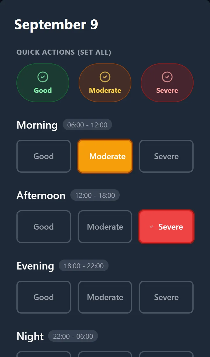 The day editor: quick actions to set the whole day, and Good, Moderate or Severe for each part of the day