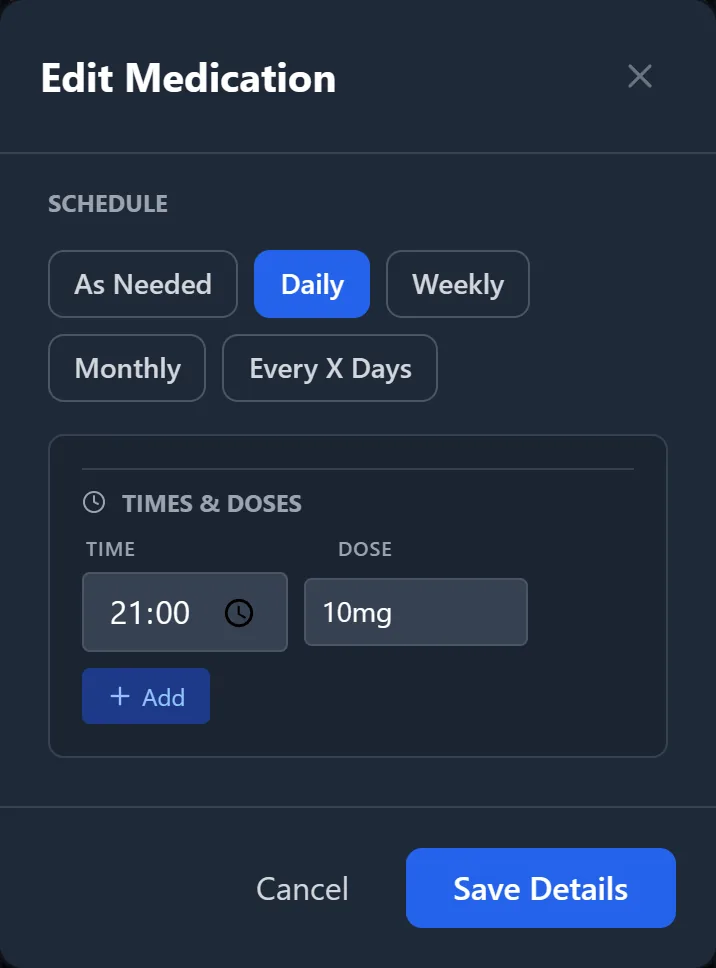 Editing a preventative medication: daily schedule with a dose time of 21:00