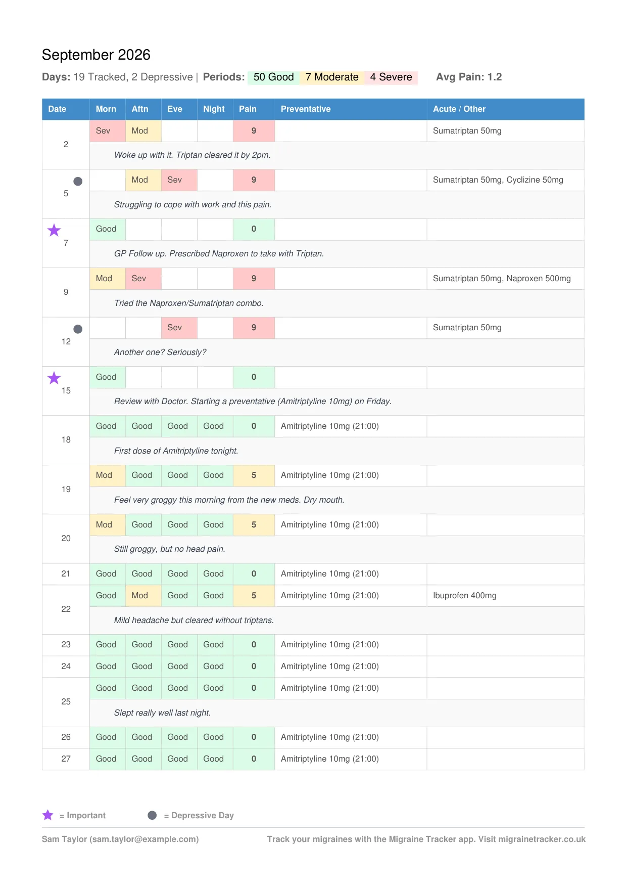 Report daily log for September with pain by period, preventative and acute medications, and notes